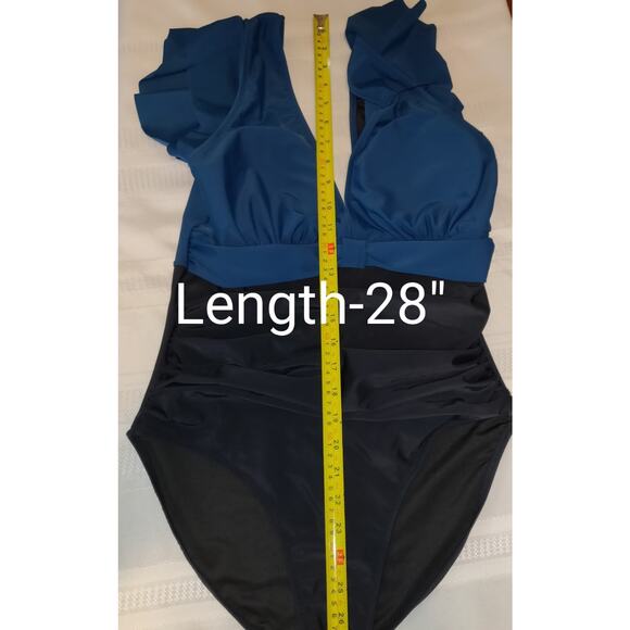 Bloomin Jelly Swimsuit LARGE Tiered Flutter Sleeves Ruching Turquoise Black NWT - Picture 16 of 16